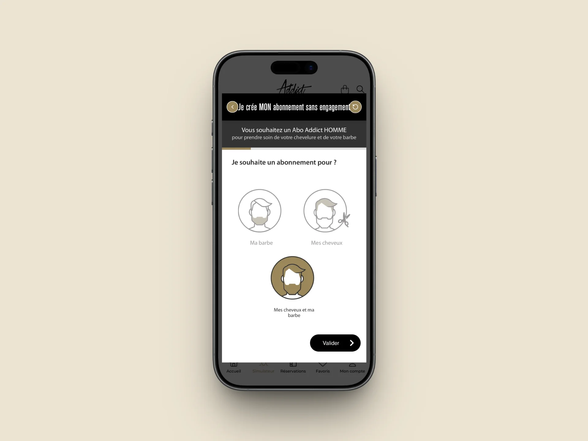 L’application Addict Paris Coiffure dans un iPhone : le simulateur d’abonnement.
