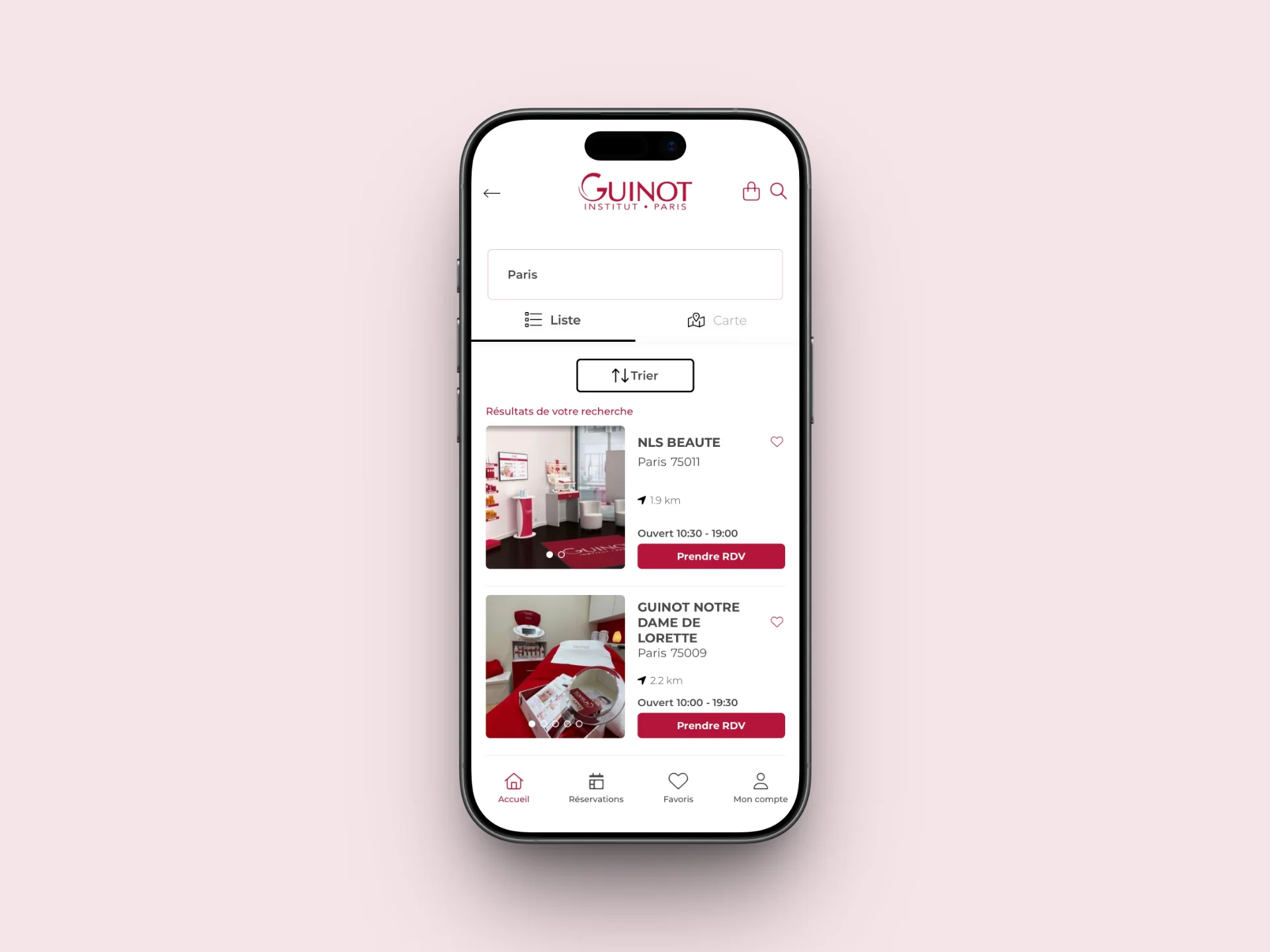 L’application Guinot – Mon Institut dans un iPhone : recherche d’instituts à proximité et prise de rendez-vous.