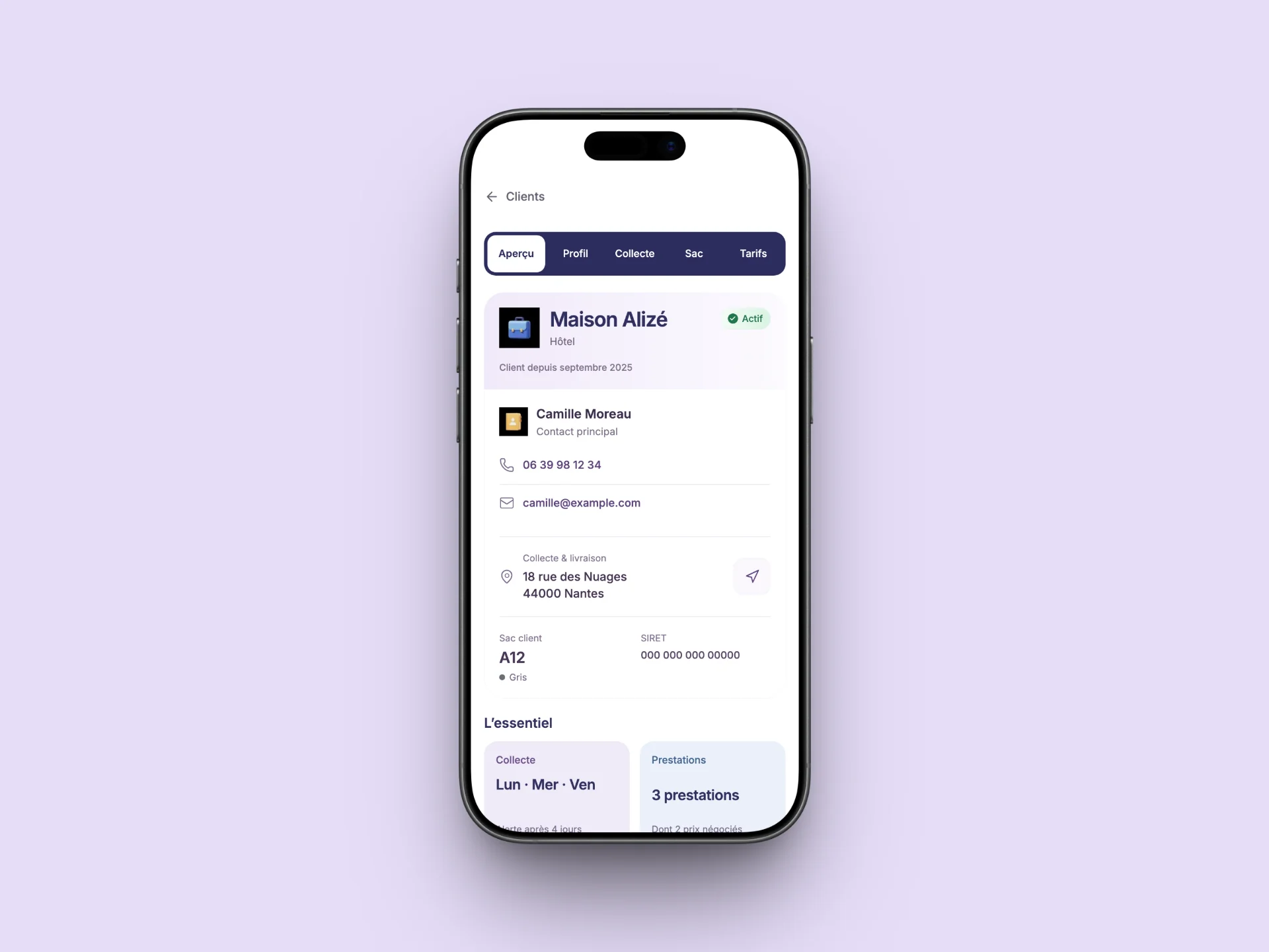 La fiche d’un client professionnel avec son contact et ses jours de collecte.