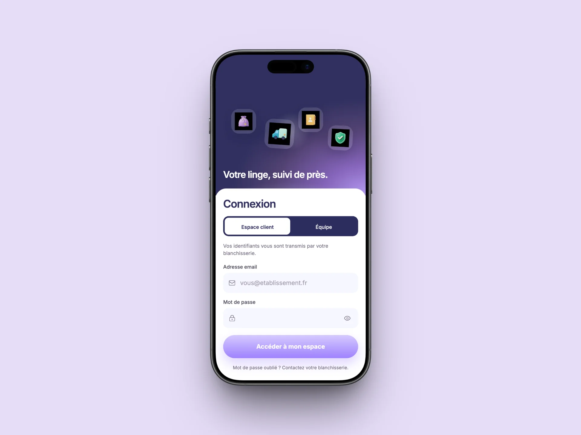 L’écran de connexion de l’espace client et de l’équipe.