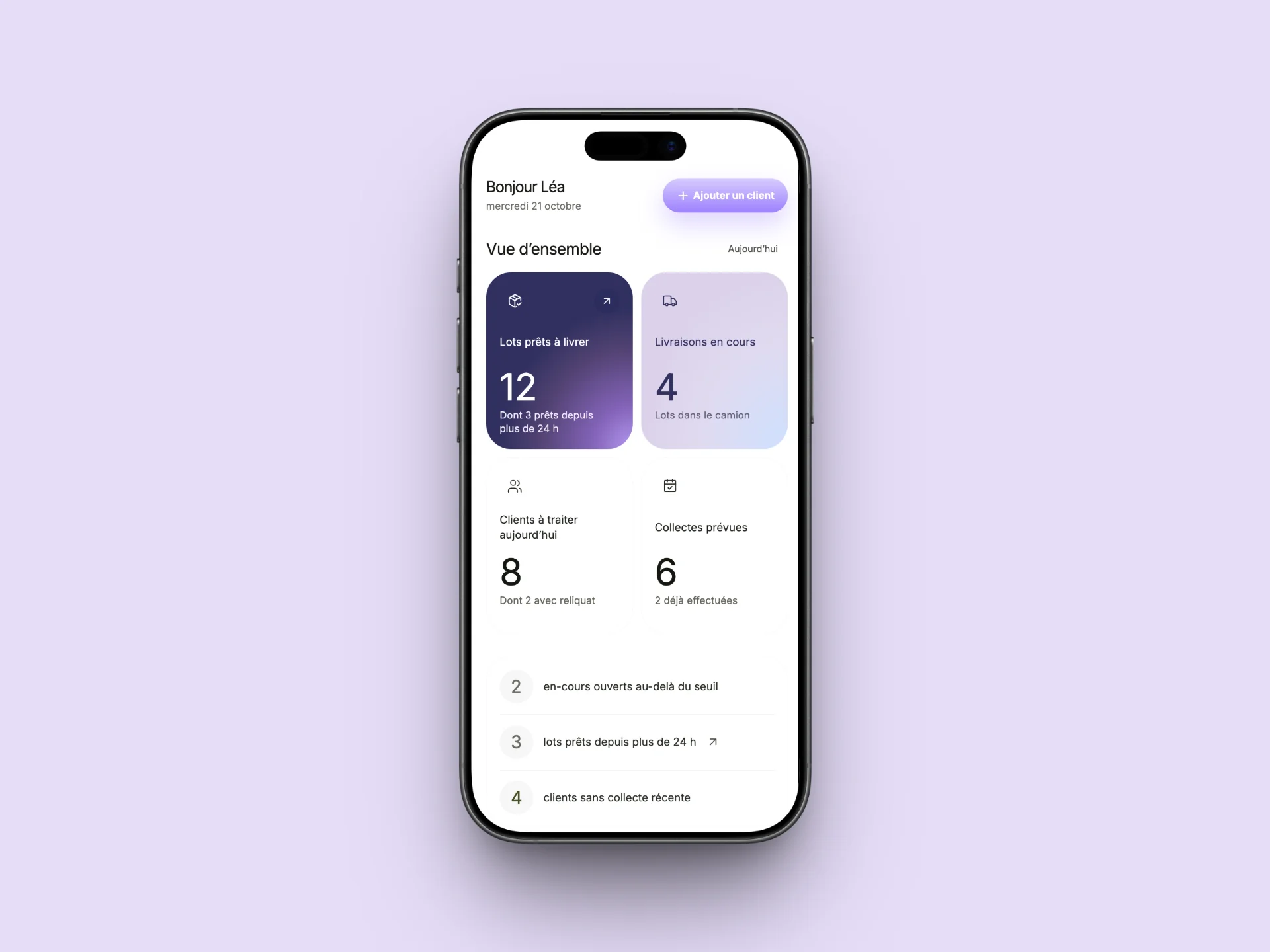 Le tableau de bord de l’application Les Lavandières dans un iPhone : lots prêts, livraisons en cours et collectes prévues.