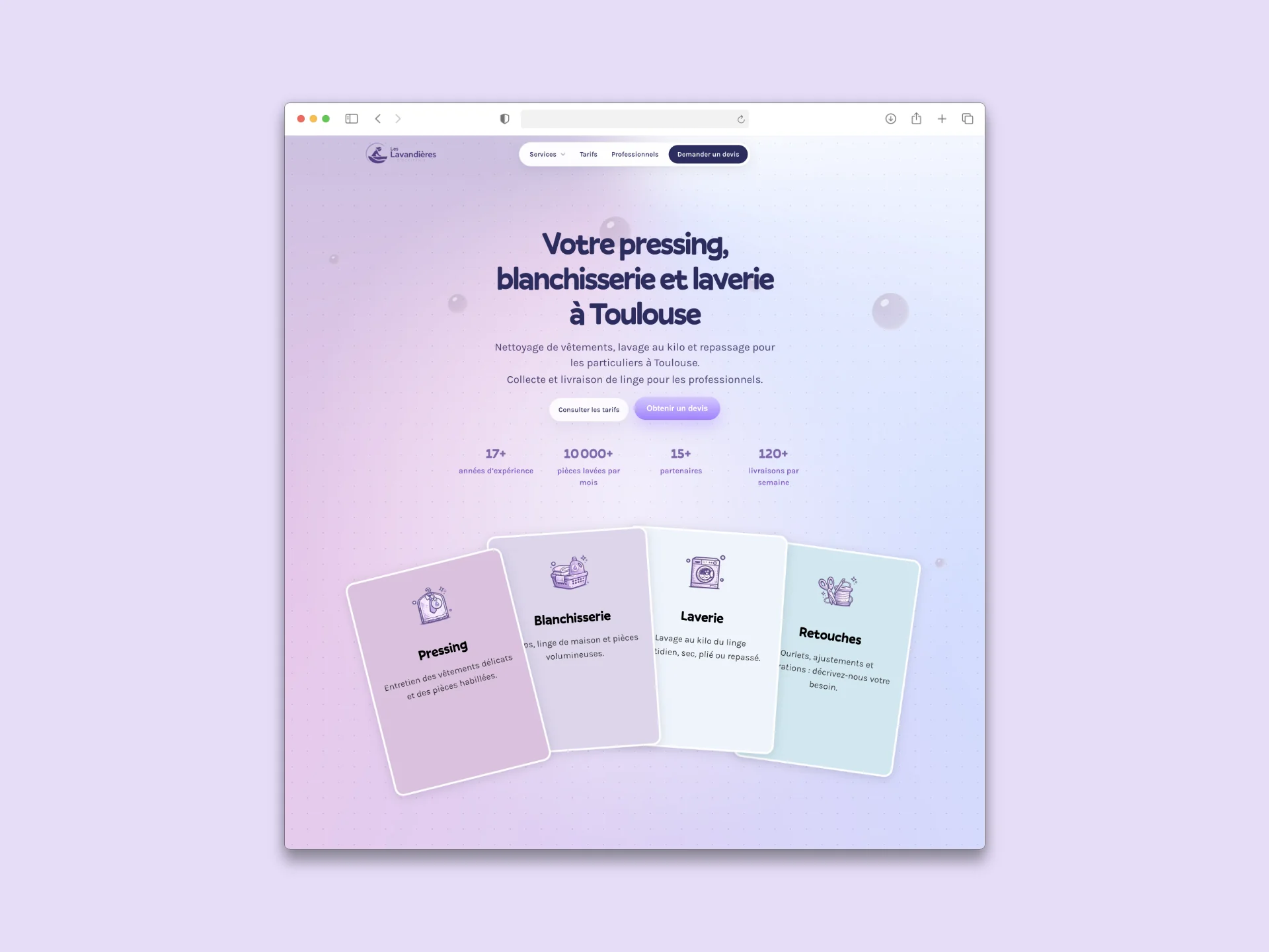 La page d’accueil du site Les Lavandières dans une fenêtre de navigateur : pressing, blanchisserie et laverie à Toulouse.