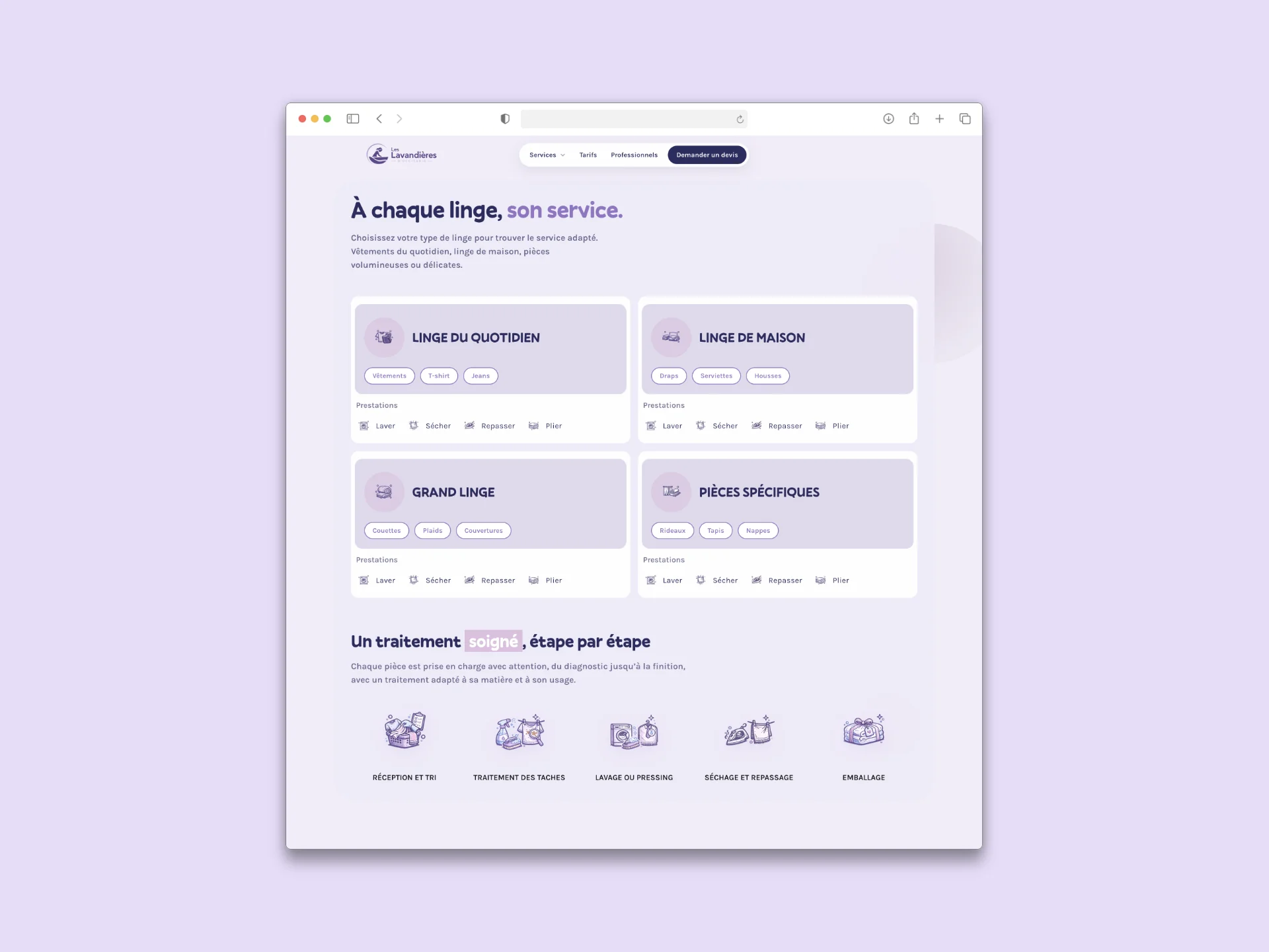 Les services classés par type de linge et les étapes du traitement.